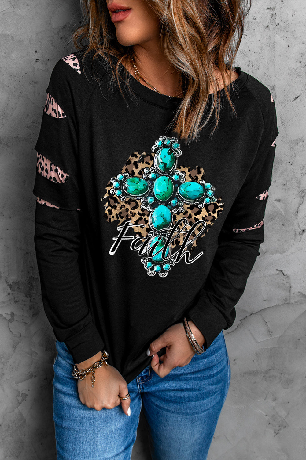 American Cactus Ripped Leopard Sleeve Top