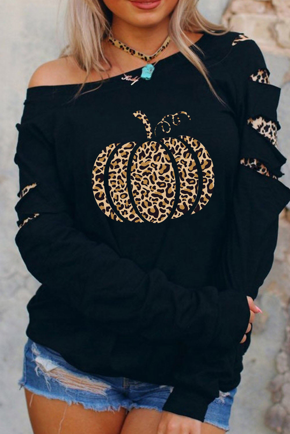 American Cactus Ripped Leopard Sleeve Top