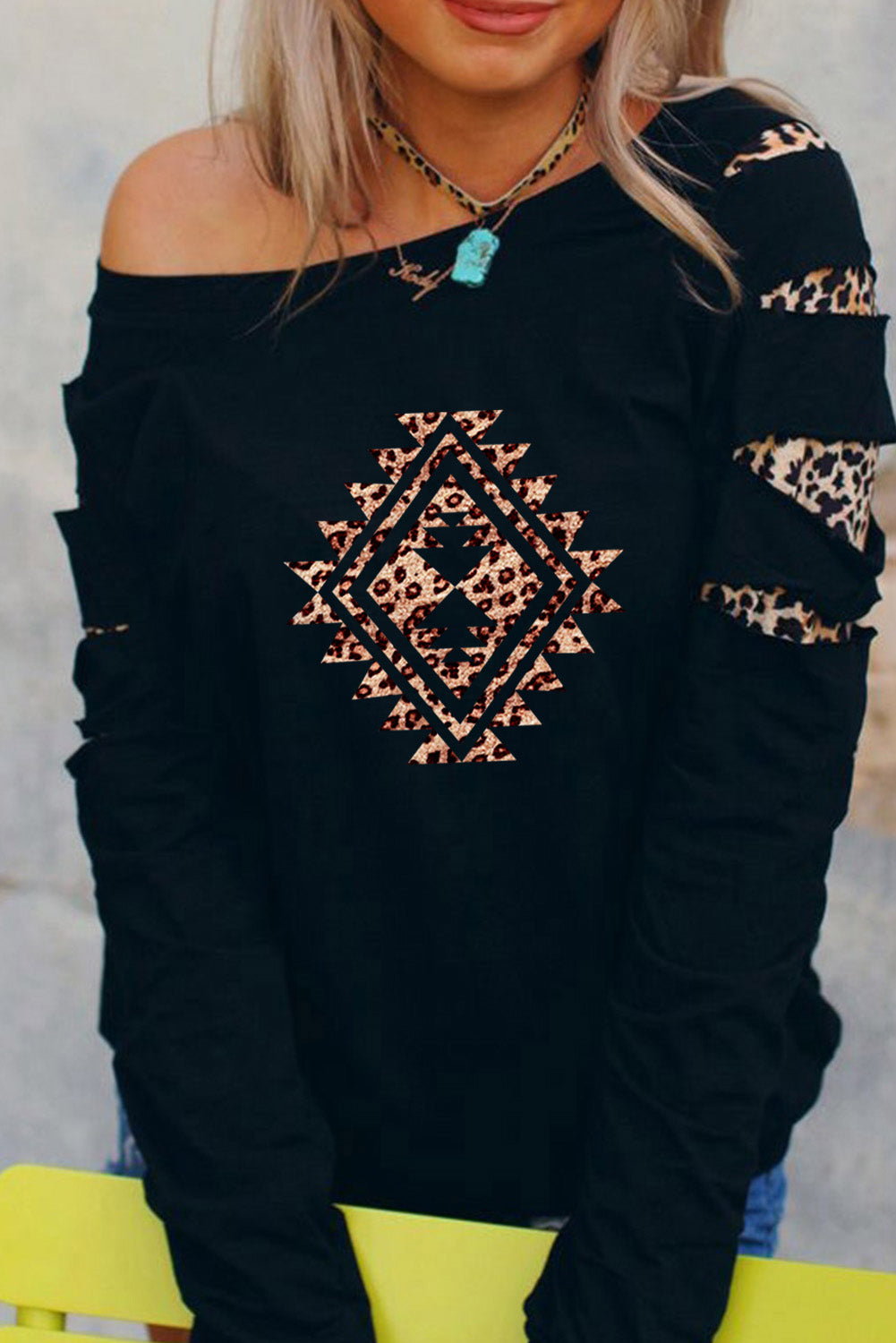 American Cactus Ripped Leopard Sleeve Top