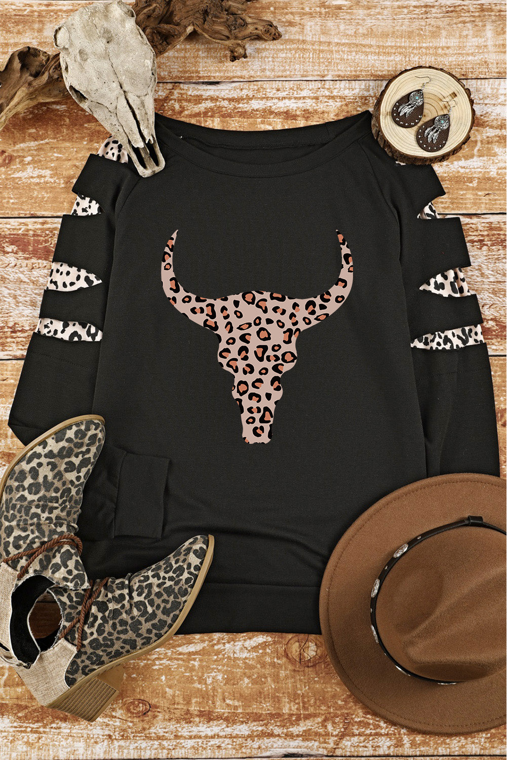 American Cactus Ripped Leopard Sleeve Top