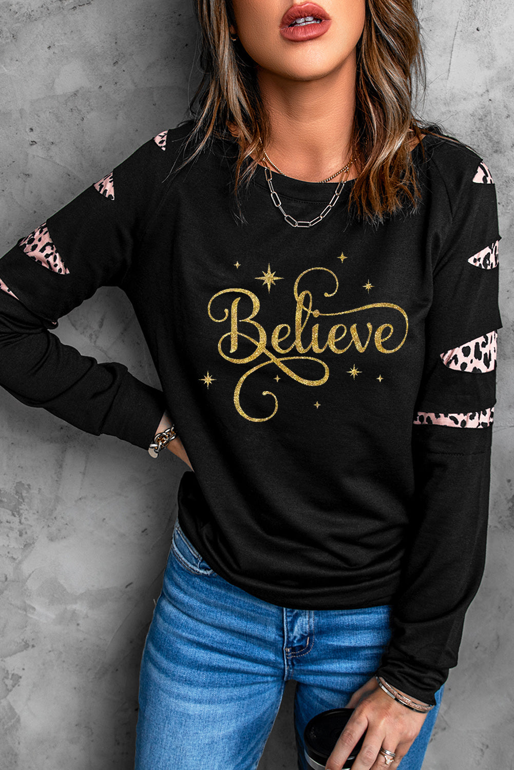 American Cactus Ripped Leopard Sleeve Top