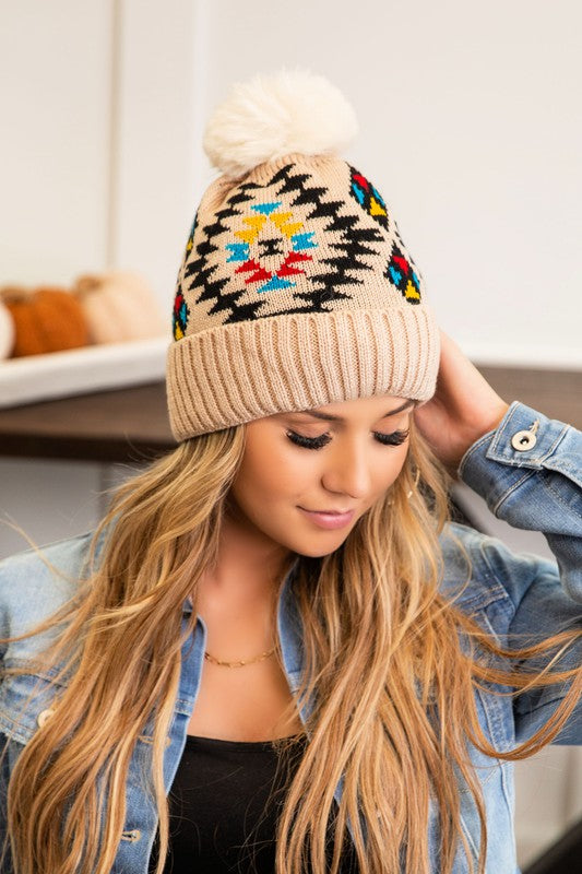 Aztec Faux Fur Pom Beanie Hat Cap