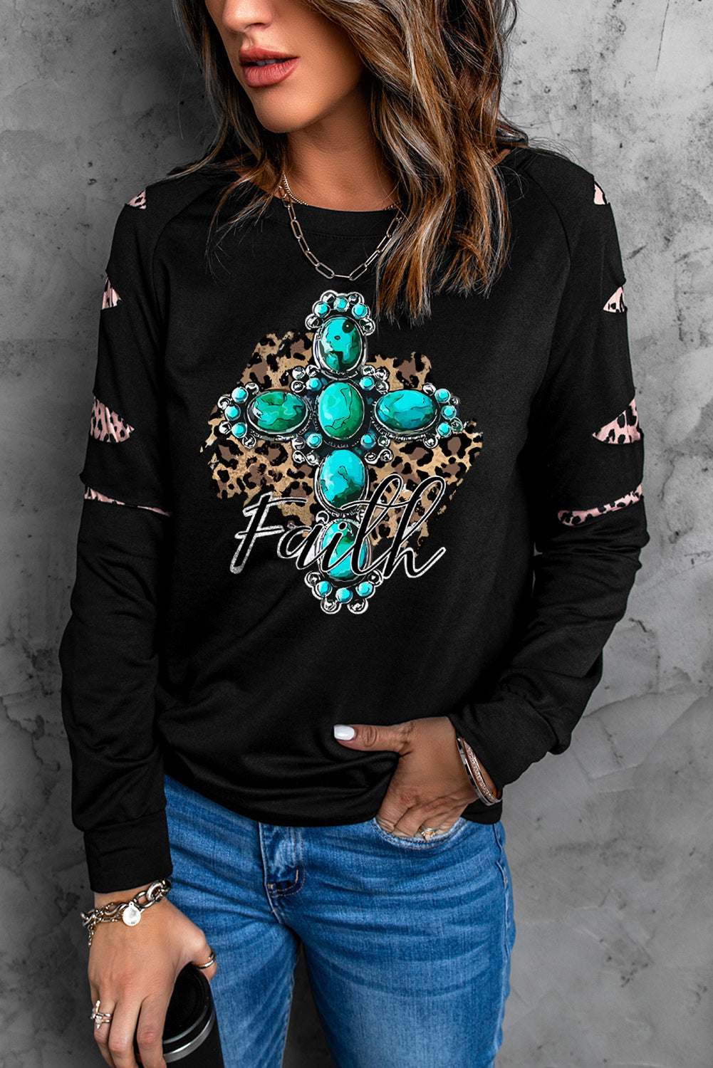 American Cactus Ripped Leopard Sleeve Top