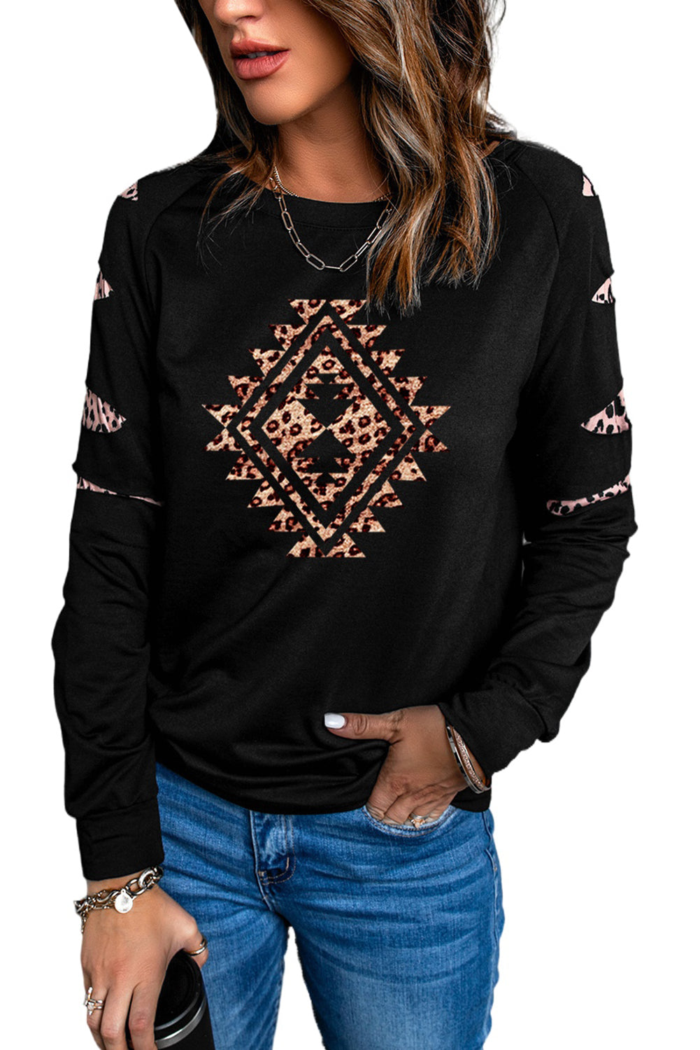 American Cactus Ripped Leopard Sleeve Top