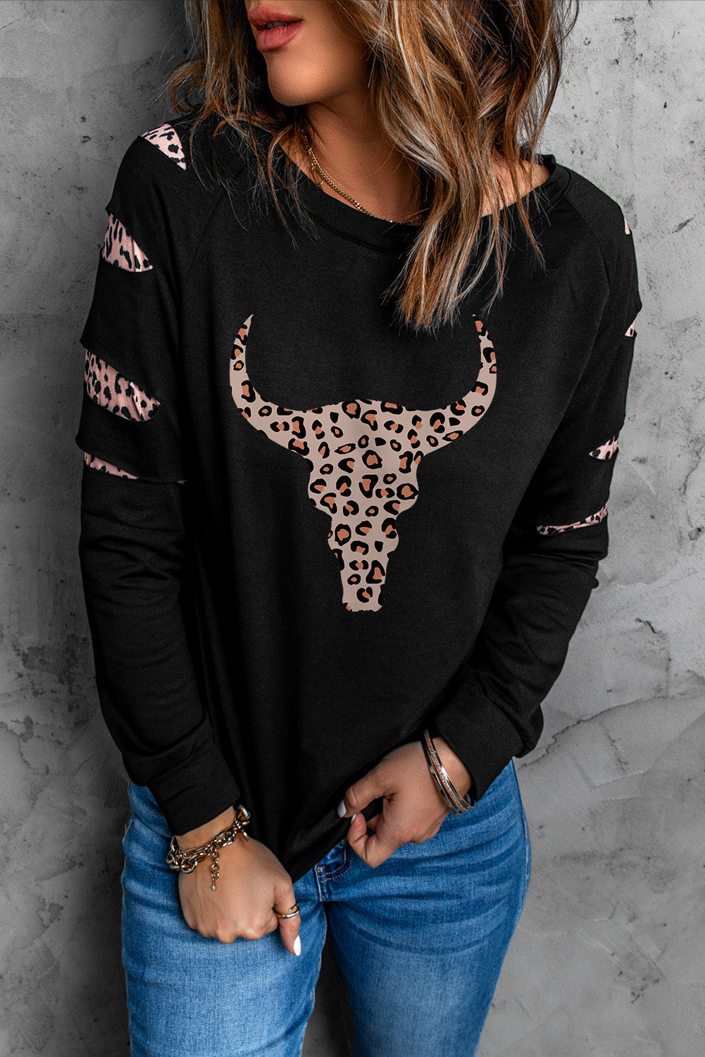 American Cactus Ripped Leopard Sleeve Top