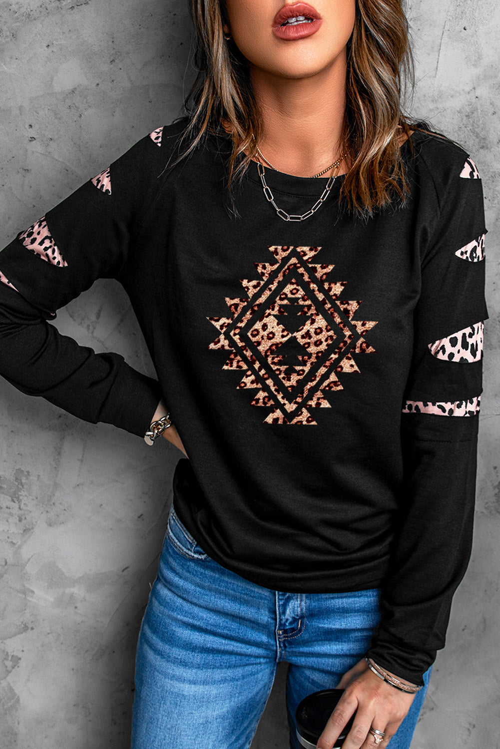American Cactus Ripped Leopard Sleeve Top