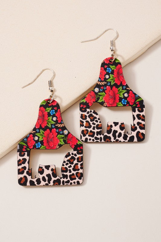 Western Cow Wood Dangling Earrings