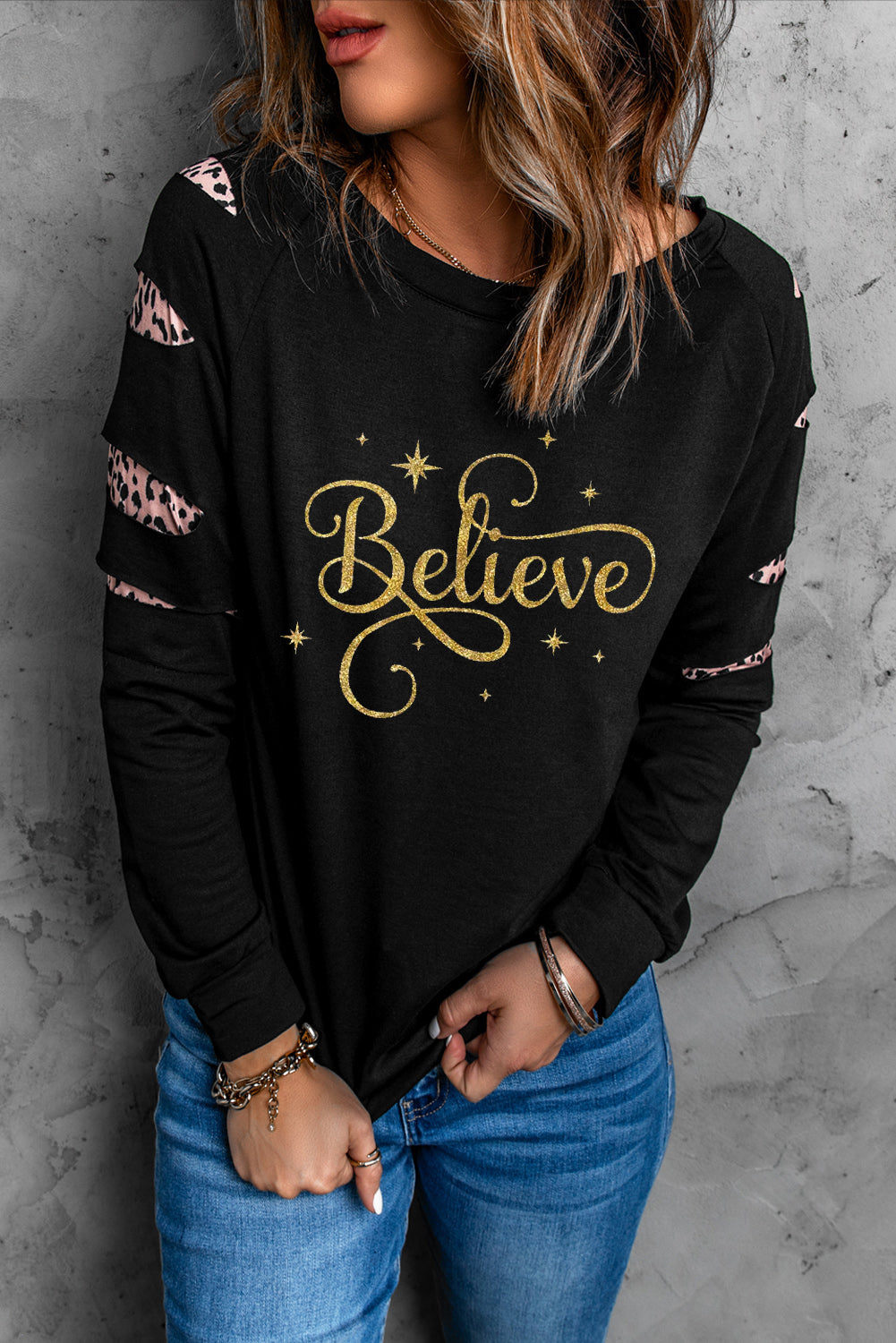 American Cactus Ripped Leopard Sleeve Top