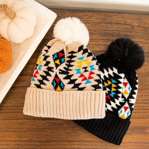 Aztec Faux Fur Pom Beanie Hat Cap