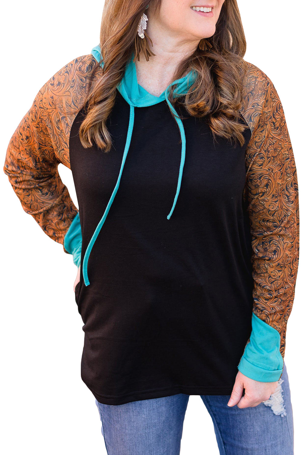 Black Black Western Print Color Block Plus Size Hoodie