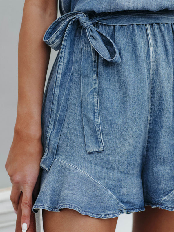 Women's Denim V-Neck Sleeveless Ruffle Romper