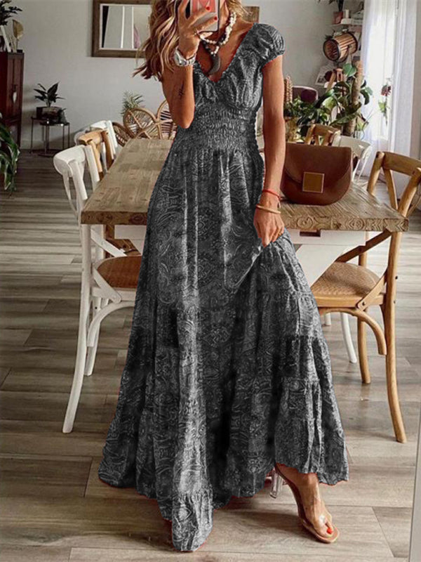 Women's Floral Puff Sleeve V-Neck Maxi Dress