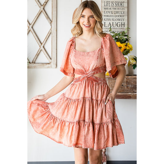 Washed Cross Cut Out Tiered Mini Dress