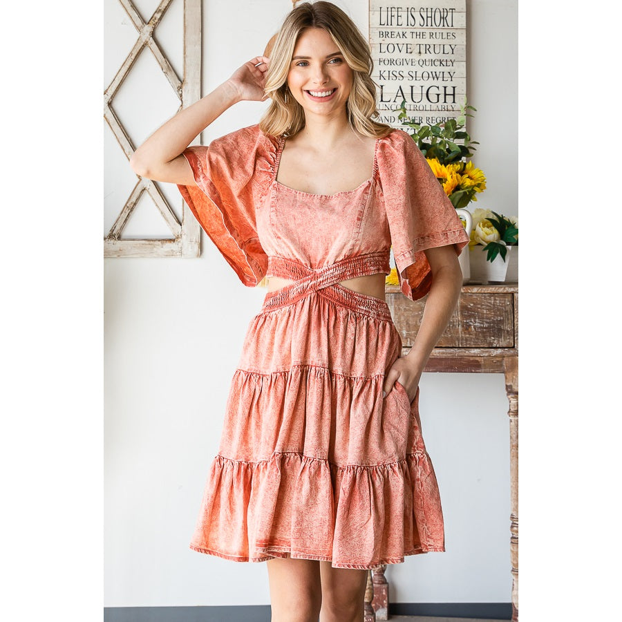 Washed Cross Cut Out Tiered Mini Dress